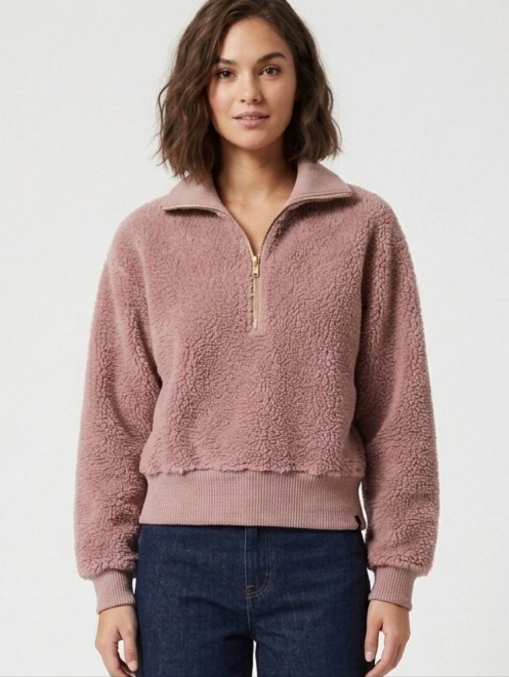 Varley Daphne Sherpa Quarter Zip Cropped Jacket in Deauville Dusty Pink Size
